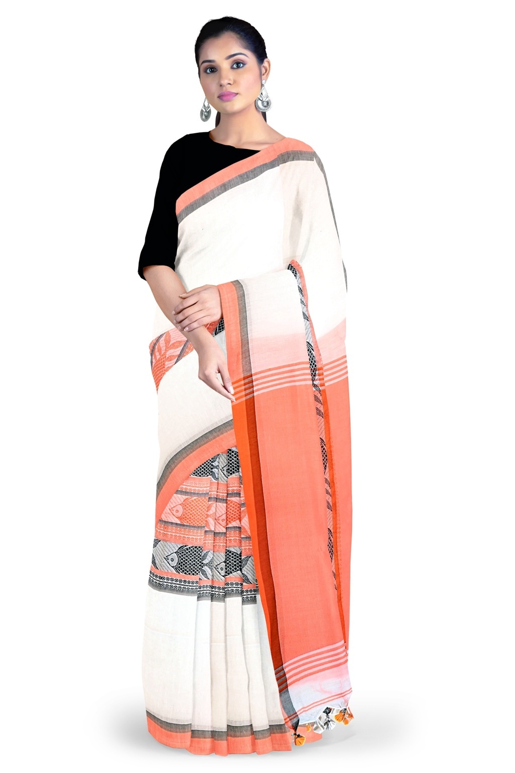 White Orange Pure Cotton Marine Hand Loom Saree (1280)